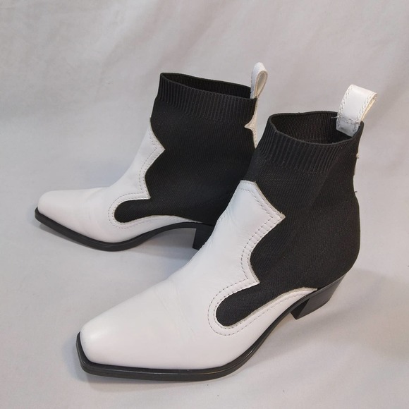 Zara Leather Western Cowgirl Mid Boots Black White - Picture 1 of 8